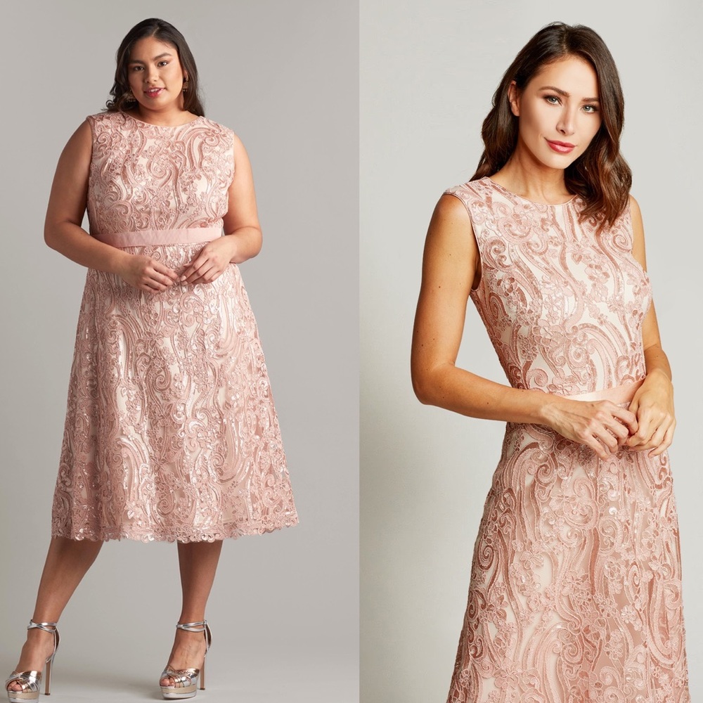 NWT Tadashi Shoji Bridal Kura Metallic A-Line Dress Blush Pink Fit Flare 18